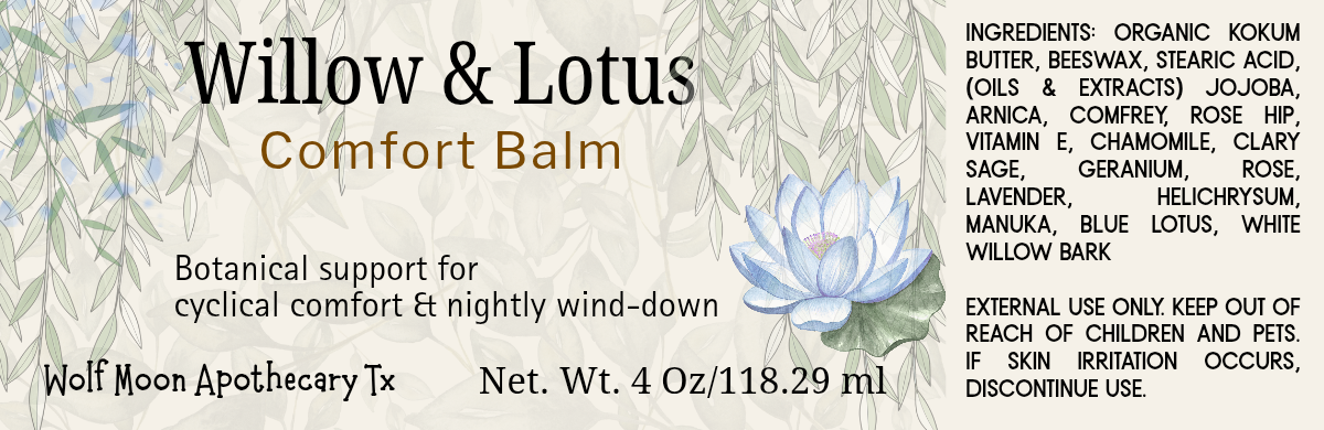 Body Balm | Willow & Lotus | Natural Comfort Balm | Hormone & Pain Management | 4 Oz Jar