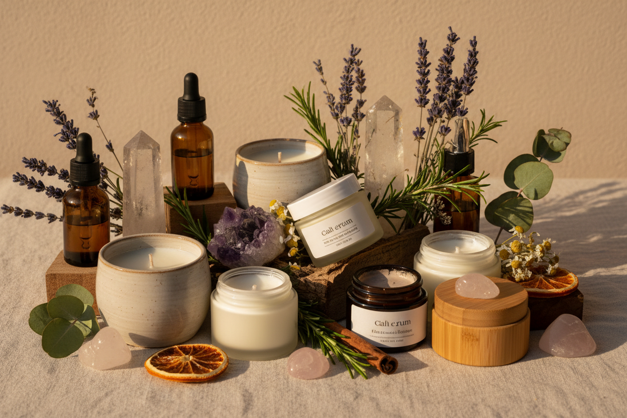 Collage with oil bottles, candles, and other skincare items 