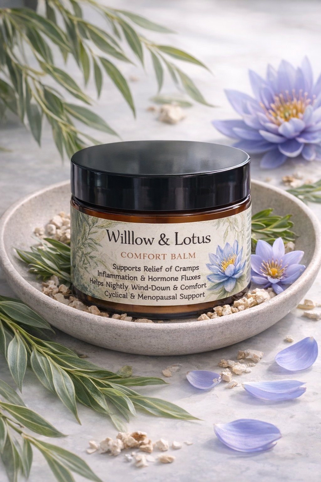 Body Balm | Willow & Lotus | Natural Comfort Balm | Hormone & Pain Management | 4 Oz Jar