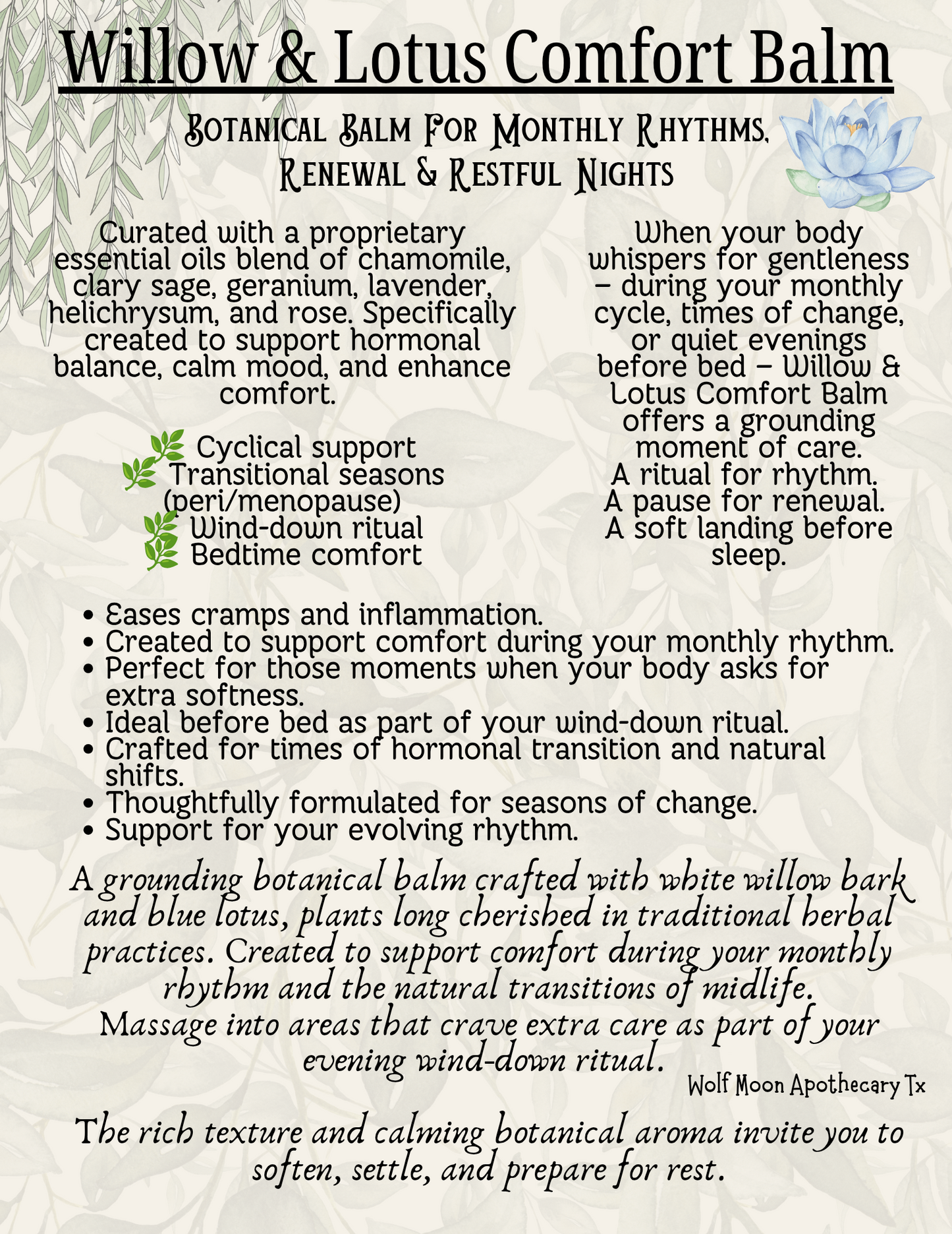 Body Balm | Willow & Lotus | Natural Comfort Balm | Hormone & Pain Management | 4 Oz Jar